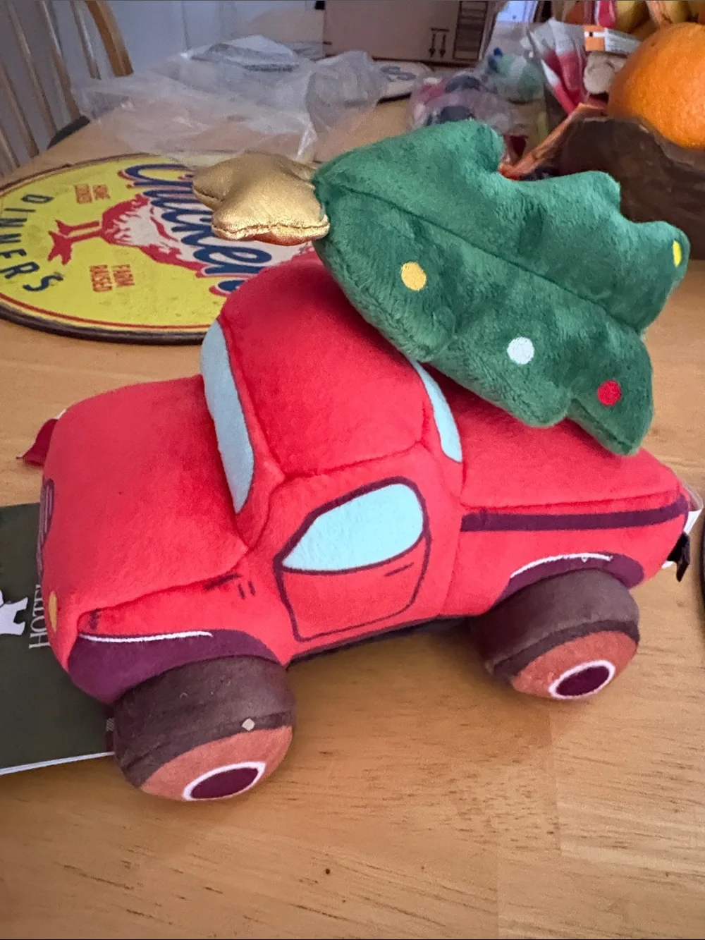 Plush Red Dog Toy Truck with Green Tree - Pet Soft Squeaky Toy